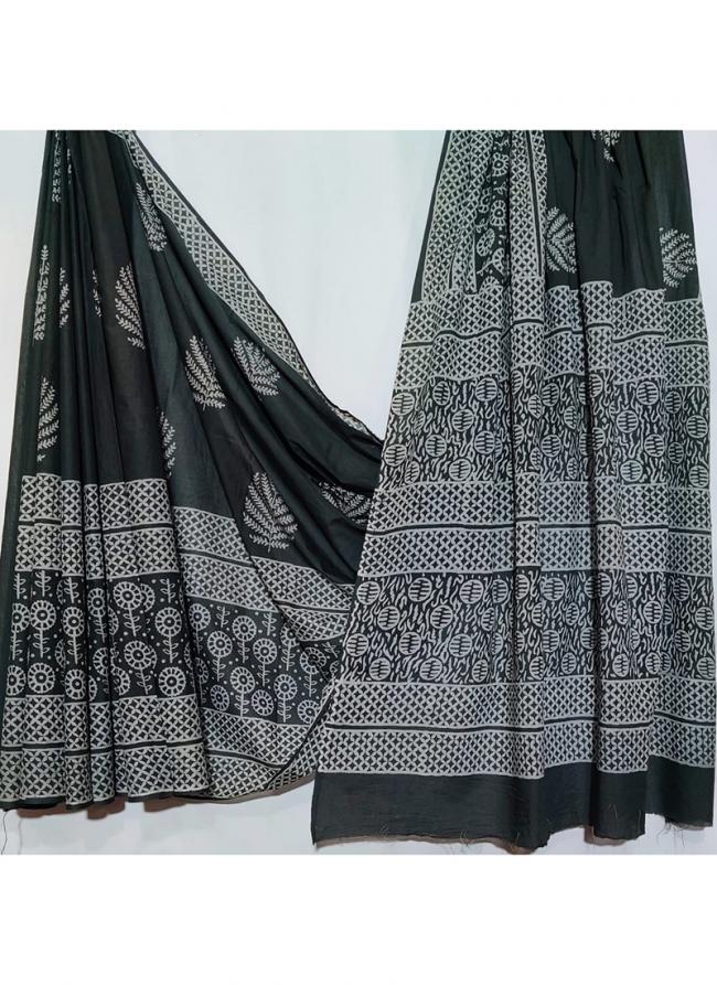 Cotton Mul Mul Black Casual Wear Printed Saree